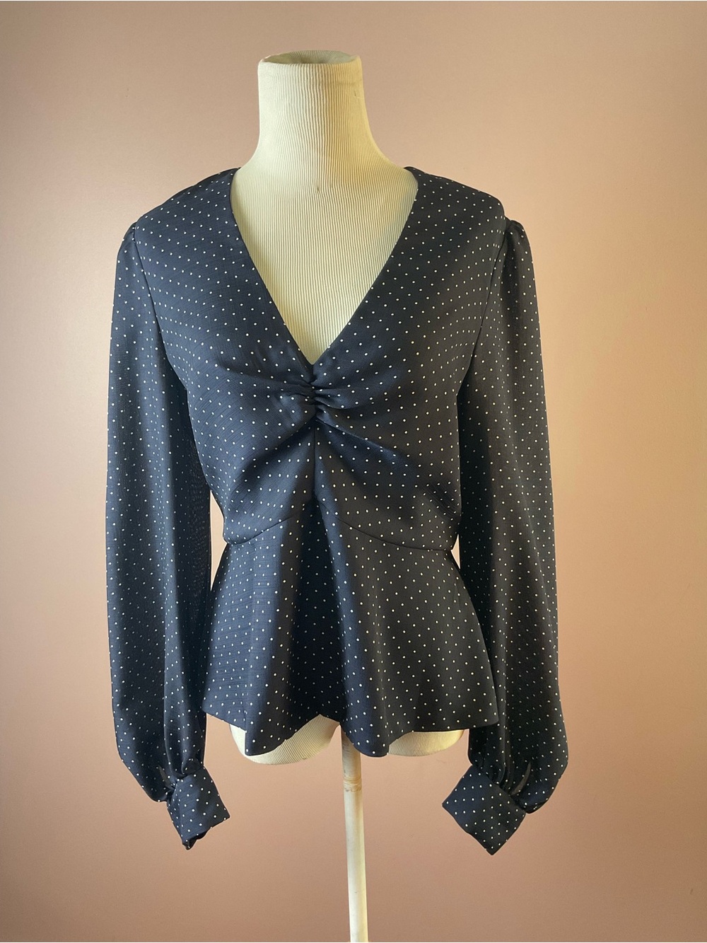 Alexis Navy Polka Dot Twist Front Peplum Blouse